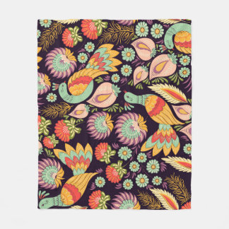 Vintage Folk Floral Birds Ornament Fleece Blanket