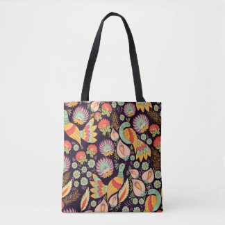 Vintage Folk Floral Birds Ornament Tote Bag