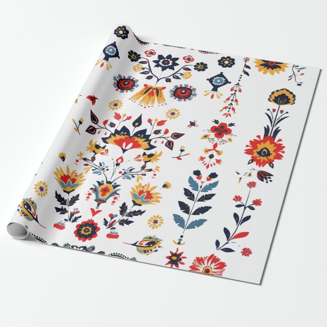 Vintage Folk Floral Pattern Elegant Wrapping Paper (Unrolled)