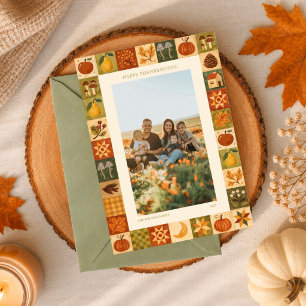 Vintage Folk Patchwork Thanksgiving Family Photo Holiday Card