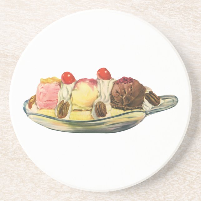 Vintage Food Desserts, Banana Split Cherries Coaster (Front)