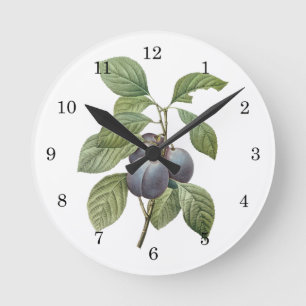 Vintage Food Fruit, Purple Garden Plums by Redoute Round Clock