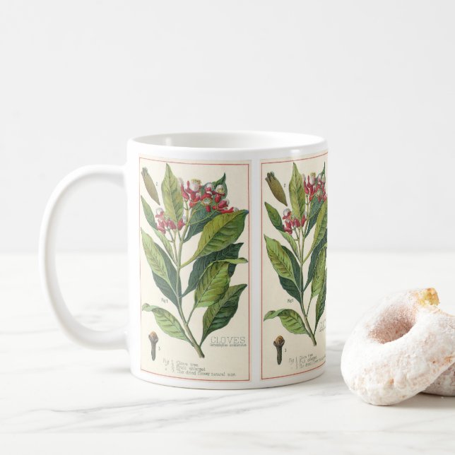 Vintage Food Herbs Spices, Cloves Plant Coffee Mug (With Donut)