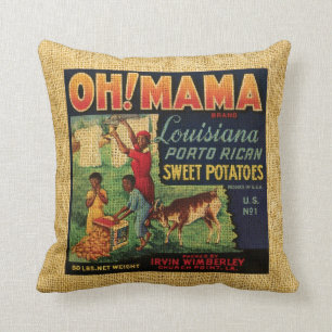 Vintage Food label Oh Mama and Banjo brand Cushion