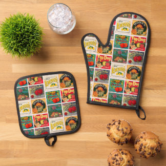 Vintage Food Labels Colourful Pattern Oven Mitt & Pot Holder Set