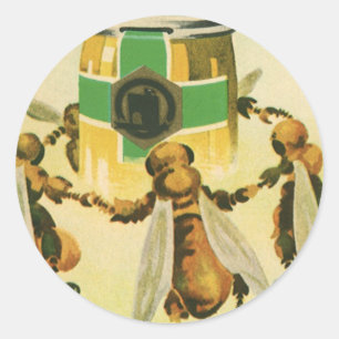 Vintage Food, Organic Honey Bees Dancing Jar Classic Round Sticker