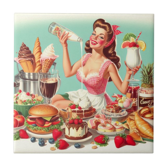 Vintage Food Pin-Up Illustration Ceramic Tile (Front)