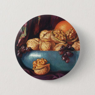 Vintage Food, Walnuts and Fruit in a Blue Bowl 6 Cm Round Badge