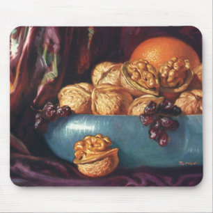 Vintage Food, Walnuts and Fruit in a Blue Bowl Mouse Pad