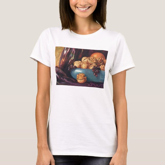 Vintage Food, Walnuts and Fruit in a Blue Bowl T-Shirt (Front)