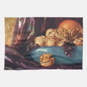 Vintage Food, Walnuts and Fruit in a Blue Bowl Tea Towel