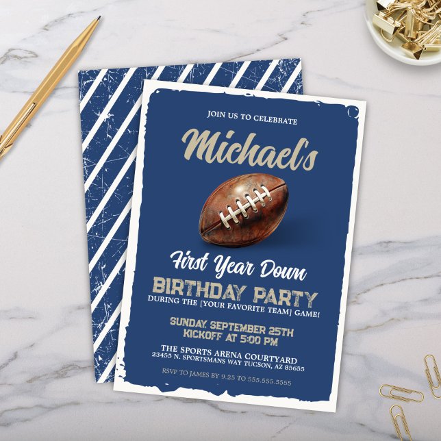 Vintage Football Blue Boys 1st Birthday Party Invitation (Blue football theme birthday party invitation for 1st birthday watch party for boys viewing game)