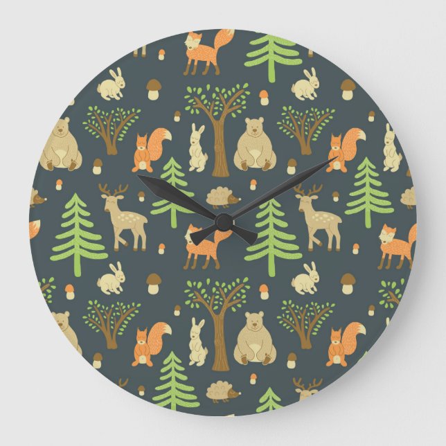 Vintage Forest Animals, Children's Pattern. Large Clock (Front)