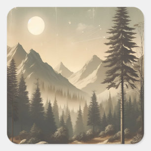 Vintage Forest Art with Aesthetic Mountain Landsca Square Sticker