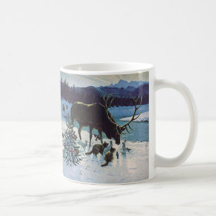 Vintage Forest Creatures and Elk in Winter Snow Coffee Mug