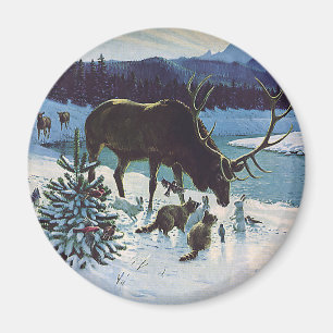 Vintage Forest Creatures and Elk in Winter Snow Magnet