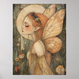 Vintage Forest Fairy with Flower Crown Fantasy Art Poster