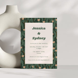 Vintage Forest Green Blush Floral Boho Wedding Invitation