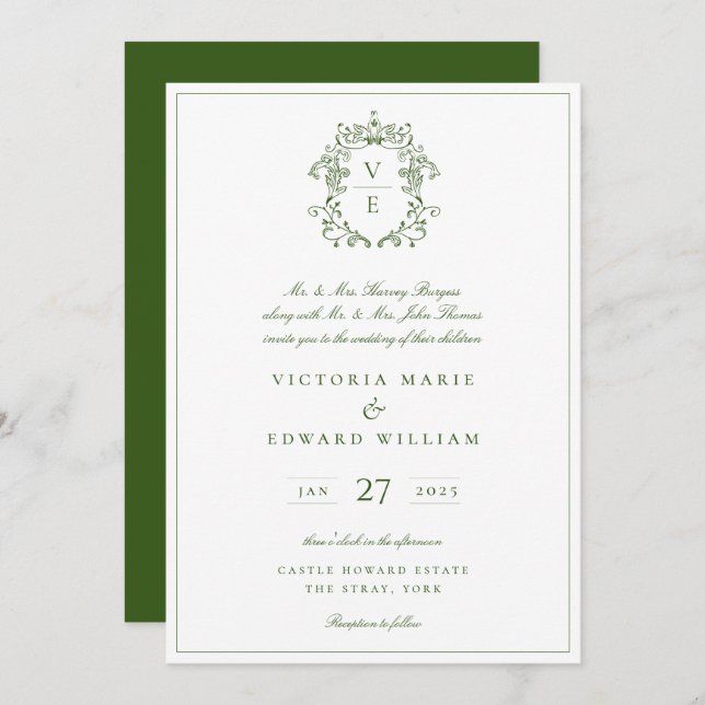 Vintage Forest Green Crest Monogram Wedding Invitation (Front/Back)