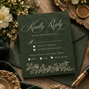 Vintage Forest Green Ornate Floral Wedding RSVP Card