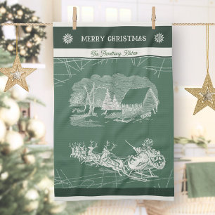 Vintage Forest Green Santa Sleigh Christmas Tea Towel