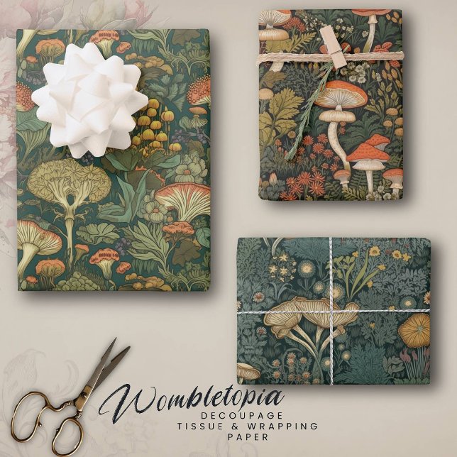 Vintage Forest Mushroom in Dark Green & Rustic Red Wrapping Paper Sheet (Creator Uploaded)