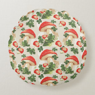 Vintage Forest Mushroom Lucky Clover Pattern Round Cushion