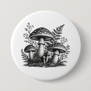Vintage forest mushrooms linocut 7.5 cm round badge