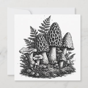 Vintage forest mushrooms linocut invitation