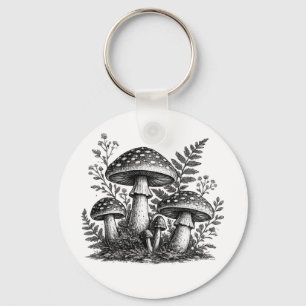 Vintage forest mushrooms linocut key ring