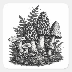 Vintage forest mushrooms linocut square sticker