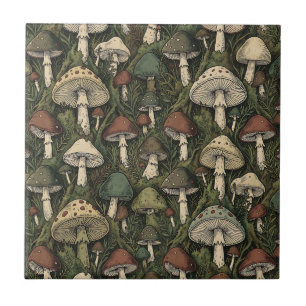 Vintage Forest Mushrooms Moody Cottagecore Ceramic Tile