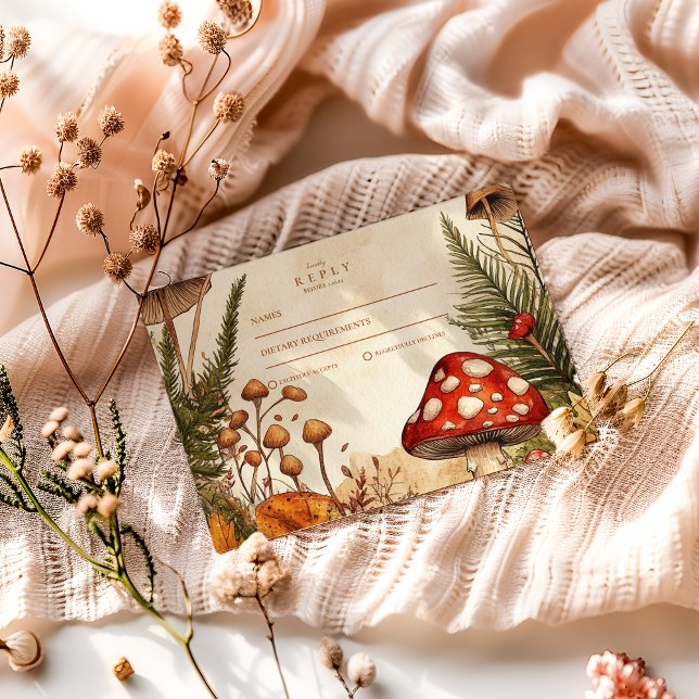 Vintage Forest Mushrooms Wedding RSVP Card (Creator Uploaded)