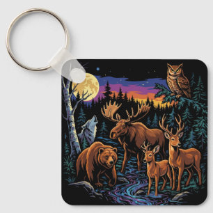 Vintage Forest Wildlife Animals Moose Bear Wolf De Key Ring