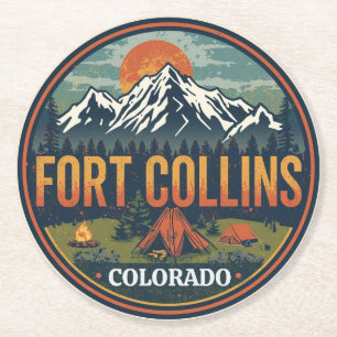 vintage fort colllins colorado mountain hiking round paper coaster