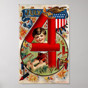 Vintage Fourth of July Boy with Fireworks Print