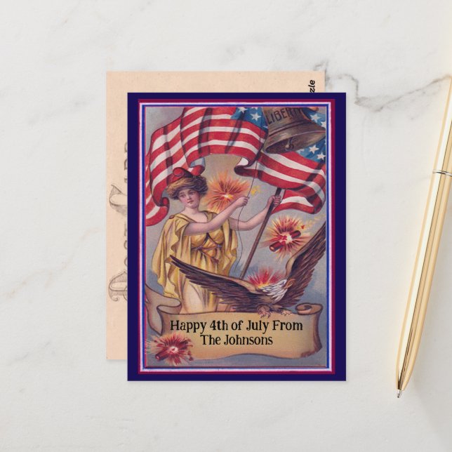 Vintage Fourth of July Patriotic Custom Name Postcard (Front/Back In Situ)