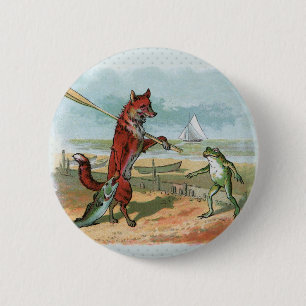 Vintage Fox and Frog Beach Whimsical Illustration 6 Cm Round Badge