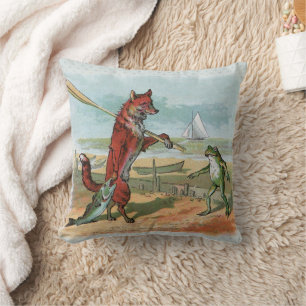 Vintage Fox and Frog Beach Whimsical Illustration Cushion