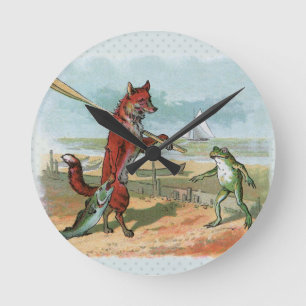 Vintage Fox and Frog Beach Whimsical Illustration Round Clock