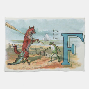 Vintage Fox and Frog Beach Whimsical Illustration Tea Towel