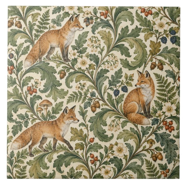 Vintage Fox Botanical Ceramic Tile (Front)