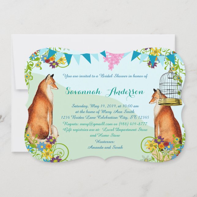 Vintage Fox Bunting Garden Bridal Shower Invites (Front)