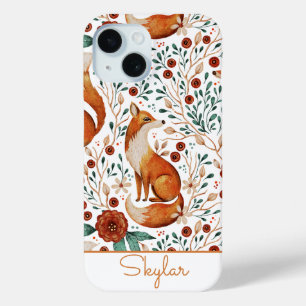 Vintage Fox Floral Botanic Pattern Script Name iPhone 15 Case