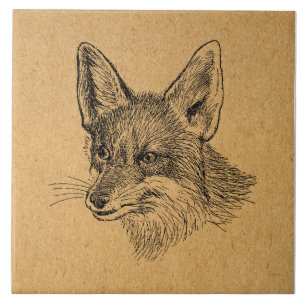 Vintage Fox Illustration Antique Animal Art Brown Ceramic Tile
