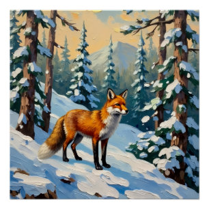 Vintage Fox in the Snowy Woods Christmas Painting Poster