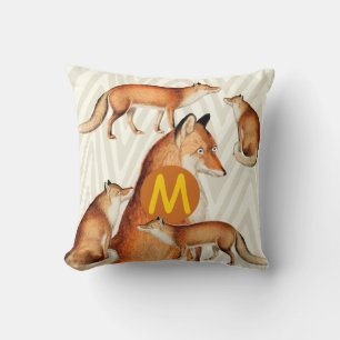 Vintage Fox on Orange Trendy Zig Zag Pattern Cushion