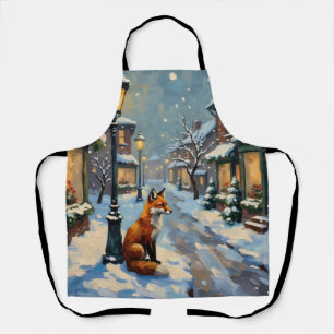 Vintage Fox Under Gas Lamp in Snowy Christmas Apron