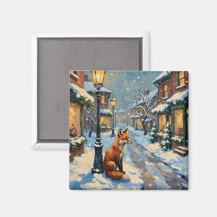 Vintage Fox Under Gas Lamp in Snowy Christmas Magnet