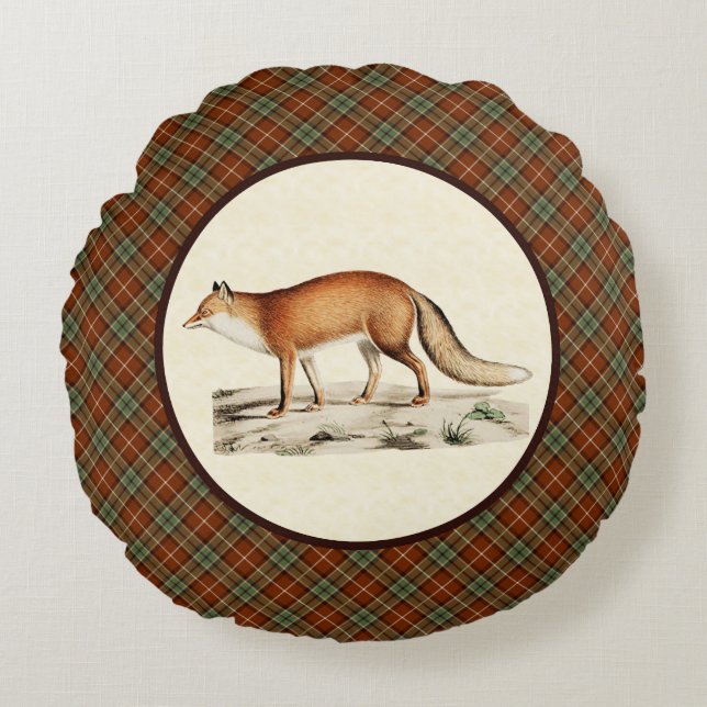 Vintage Fox with Rustic Autumn Plaid Round Cushion (Front)